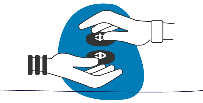 One hand giving and another hand receiving a donation